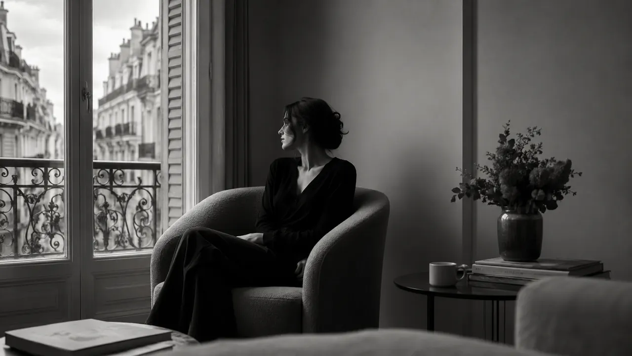 Mujer mirando Madrid desde un interior silencioso.